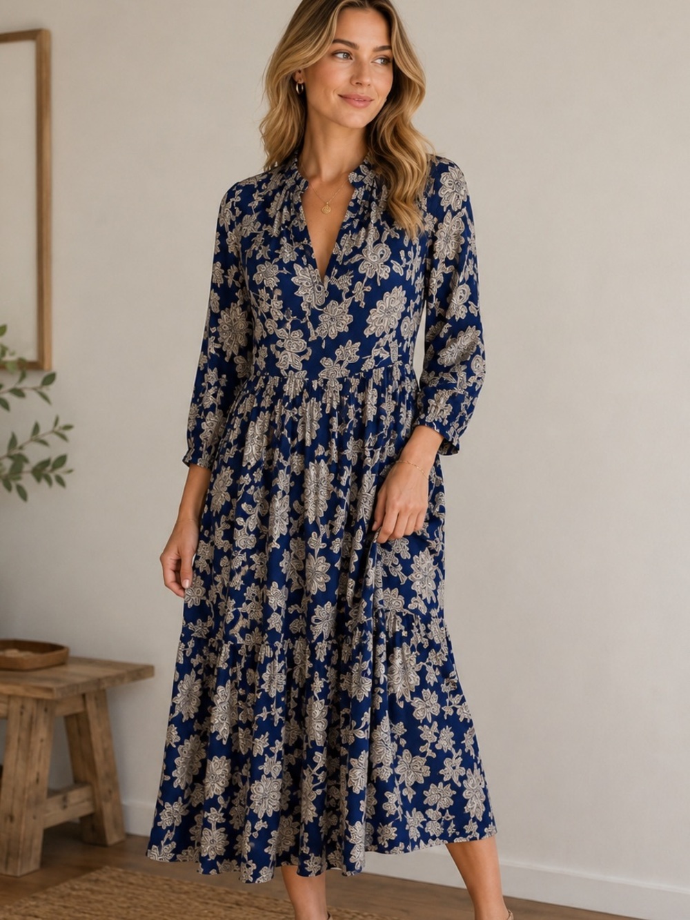 Zara Navy and Cream Floral Maxi Dress